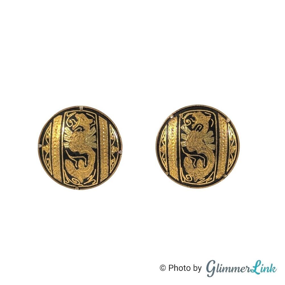 Vintage Damascene Dragon Round Button Gold Tone Clip On Earrings
